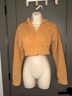 flirtitude Cropped Teddy Zip-Up Jacket - Tan